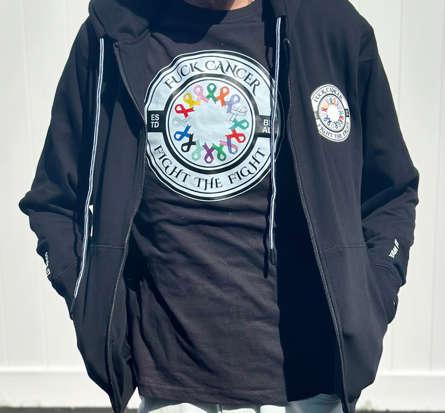 Premium Embroidered Fuck Cancer, Fight the Fight Zipper Hoodie