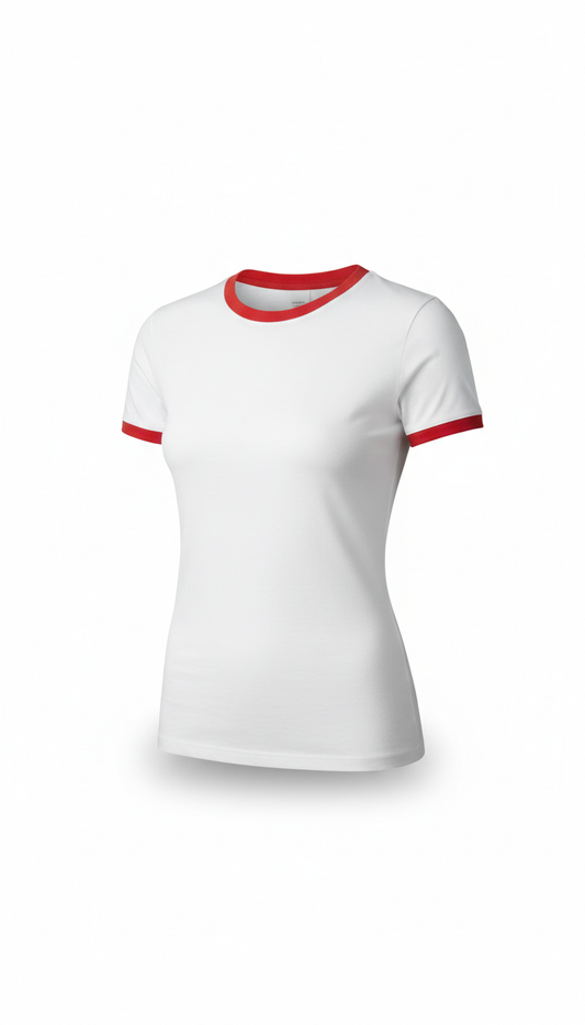 Pure White Fitted T-Shirt With Ribbon Red Accent