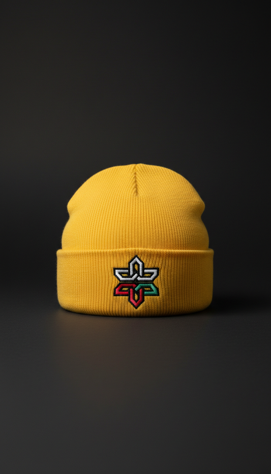 Signal yellow beanie with unity embroidery